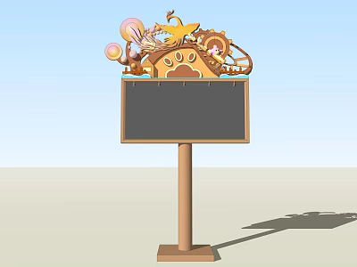 Cartoon Themed Billboard With Top Decorations Like Animals Stars Gears Black Board On Brown Pole 3d model