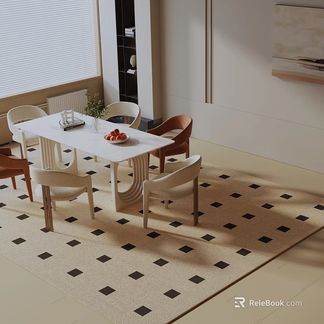 Stylish Modern White Dining Table And Chairs Set With Black White Diamond Pattern Rug Interior 3d model 