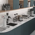 Modern Bar Counter With Teal Cabinets White Tiled Backsplash Coffee Machine And Pastry