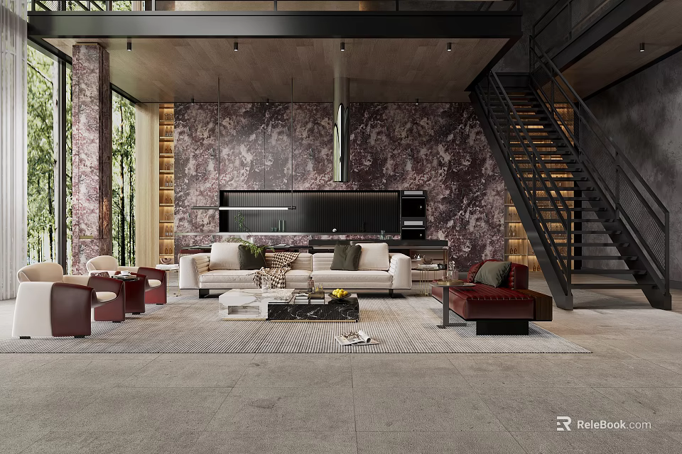 Luxurious Loft Living Room Interior With Cozy Furniture Feature Wall And Staircase 3d model 
