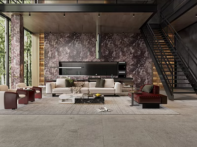 Luxurious Loft Living Room Interior With Cozy Furniture Feature Wall And Staircase 3d model