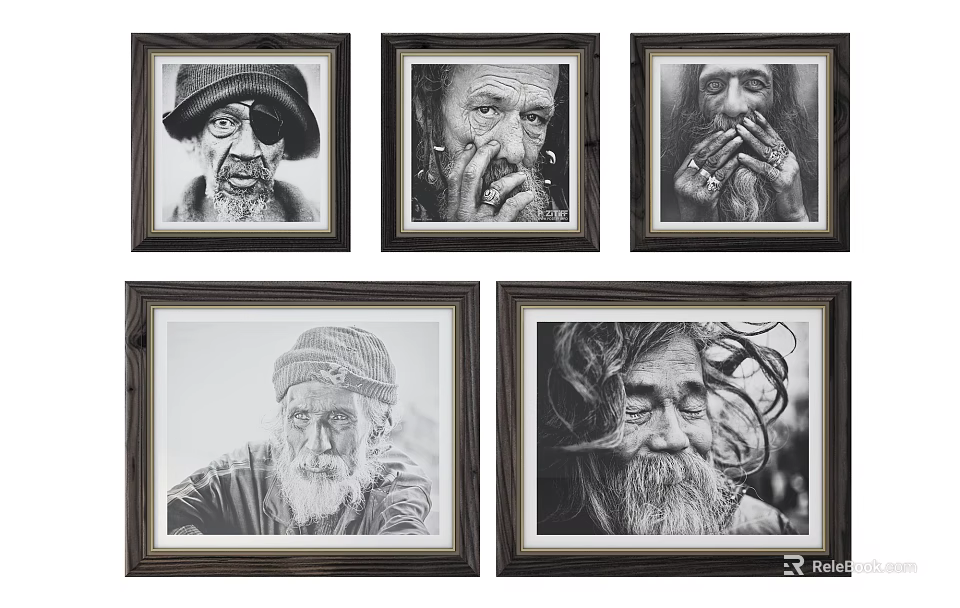 Black and White Elderly Men Portrait Paintings With Expressive Faces Beards and Hats 3d model 