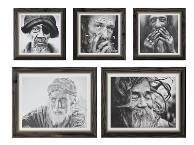 Black and White Elderly Men Portrait Paintings With Expressive Faces Beards and Hats 3d model