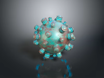 Spherical Weapon With Turquoise Copper Metallic Surface And Protruding Bolt Like Structures 3d model