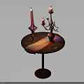 Small Round Wooden Table With Candle Holders Pink Candle Red Candles And Colorful Ribbon