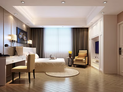 Elegant Hotel Guest Room Interior With White Bed Desk Chair Round Rug And Wooden Floor 3d model