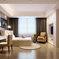 Elegant Hotel Guest Room Interior With White Bed Desk Chair Round Rug And Wooden Floor