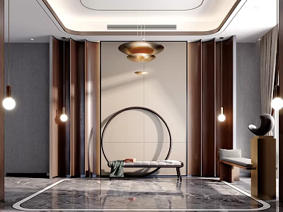 Elegant Modern Entryway Hallway Interior Design With Pendant Lights Circular Decor Bench And Wooden Panels 3d model