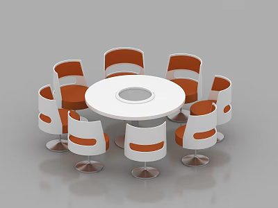 Modern Conference Room With Round White Tabletop And Orange Chairs With Metal Legs 3d model