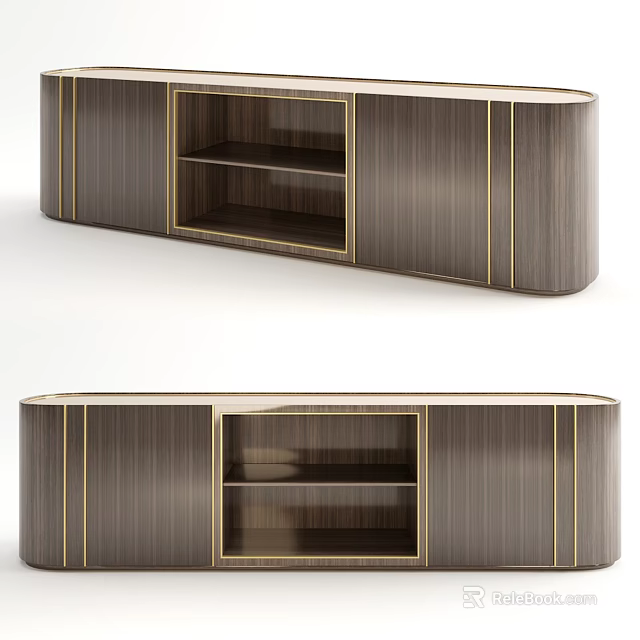 Modern Wooden TV Stand With Gold Accents And Open Storage Shelves 3d model 