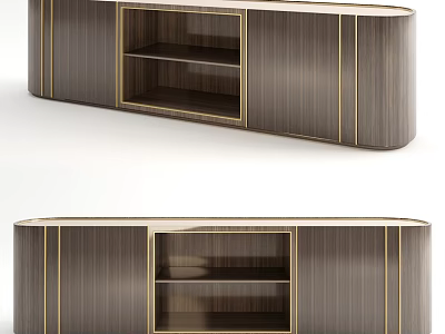 Modern Wooden TV Stand With Gold Accents And Open Storage Shelves 3d model