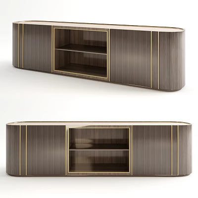 Modern Wooden TV Stand With Gold Accents And Open Storage Shelves 3d model
