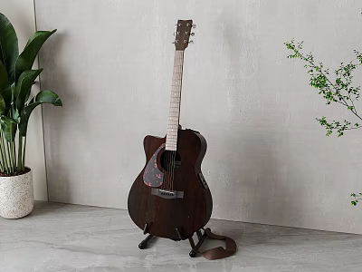 Dark Colored Acoustic Guitar On Stand With Green Plant Gray Wall And Floor 3d model