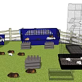 Outdoor Circular Fenced Area With Orange Tents Blue Playhouse And Tree Stumps