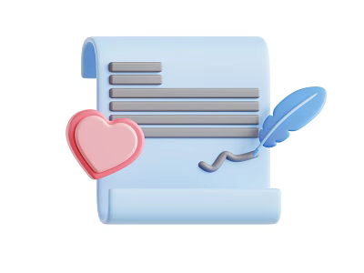 Blue Lined Scroll Paper With Pink Heart And Blue Feather Pen Ink Trail 3d model