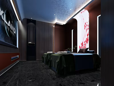 Luxurious SPA Sauna Interior With Massage Bed Decorative Art And Warm Lighting 3d model