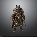 Muscular Man in Wolf Head Headdress and Leather Outfit with Bone Decorations Holding Spear