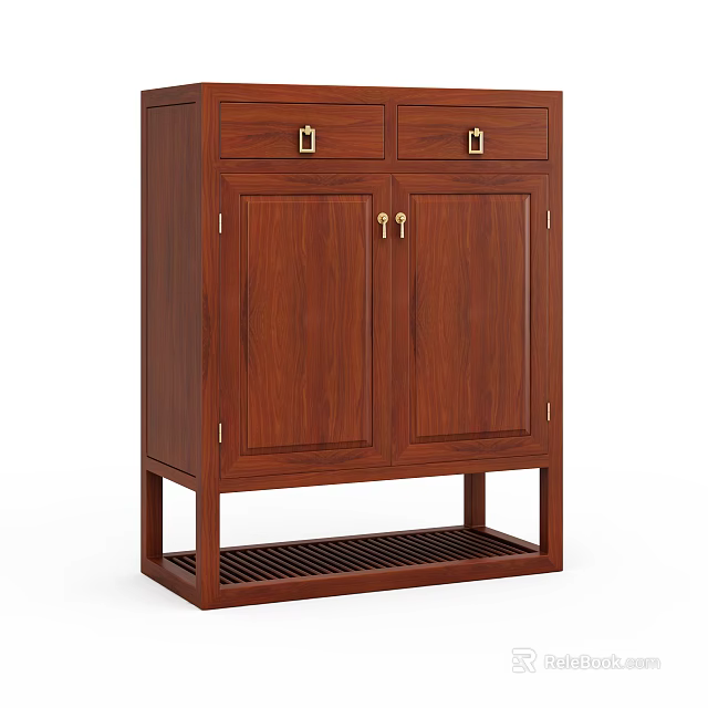 Solid Wood Shoe Cabinet With Two Top Drawers Double Doors And Grid Design Base 3d model