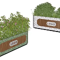Bonsai Potted Plants in Rectangular Planters with Wooden Strips Speckled Pattern and LOGO Label 3d model