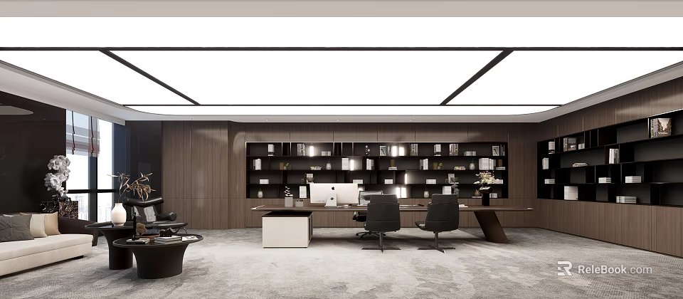 Modern Office Interior With Large Bookshelves Books Long Desk Computer Black Chairs And Lounge Sofa 3d model 