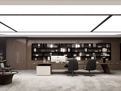 Modern Office Interior With Large Bookshelves Books Long Desk Computer Black Chairs And Lounge Sofa 3d model