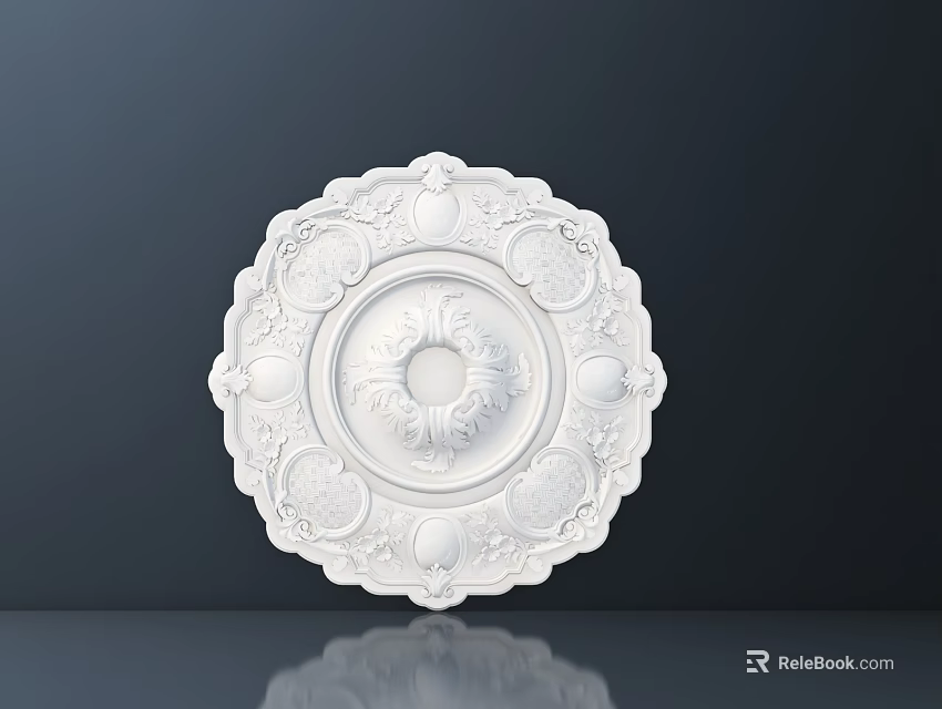 Ornate White Carved Ceiling Medallion With Intricate Floral Patterns And Circular Design 3d model 