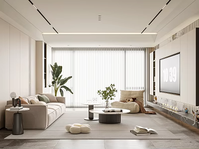 Modern Minimalist Living Room Interior Design With Beige Sofa Large TV And Green Plants 3d model