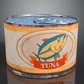 Canned Tuna Seafood In Metal Can With Orange Beige Label And Fish Illustration