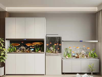 Indoor Fish Tank Aquarium Setup With Colorful Fish Aquatic Plants And Decorative Cabinet 3d model