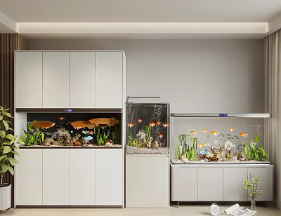 Indoor Fish Tank Aquarium Setup With Colorful Fish Aquatic Plants And Decorative Cabinet 3d model