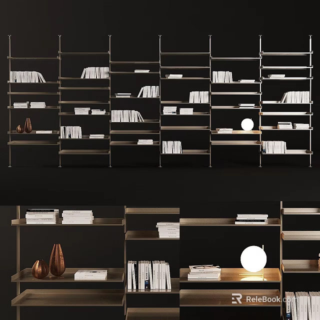 Modern Bookshelf Design With Multiple Shelves Books Decorative Vases And Table Lamp 3d model 