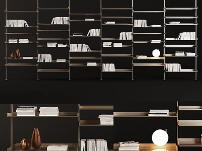 Modern Bookshelf Design With Multiple Shelves Books Decorative Vases And Table Lamp 3d model