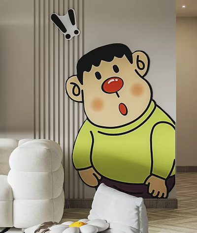 Cartoon Character Wall Decoration With Red Nose Green Top On Striped Wall And White Sofa 3d model