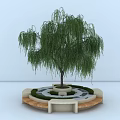 Weeping Willow Tree in Circular Base with Stone Slab Design and Green Plants 3d model