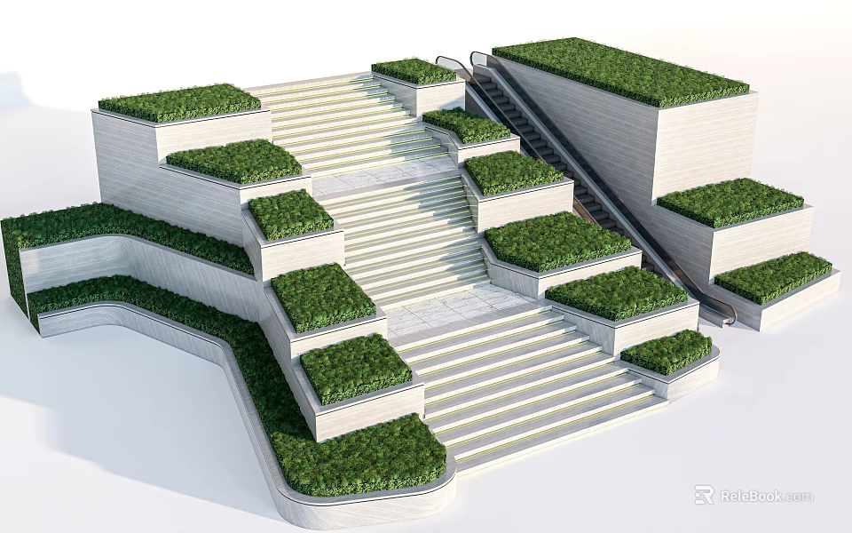 Park Landscape Featuring Terraced Design Green Lawns Escalator And Stone Stairs 3d model 