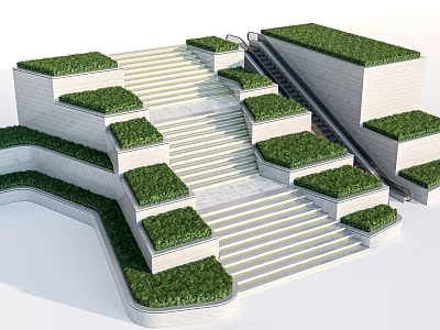 Park Landscape Featuring Terraced Design Green Lawns Escalator And Stone Stairs 3d model