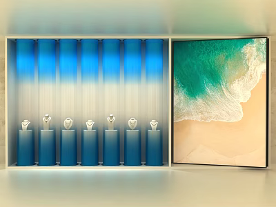 Art Installation Featuring Blue Gradient Cylinders With Diamond Like Tops And Ocean Beach Painting 3d model