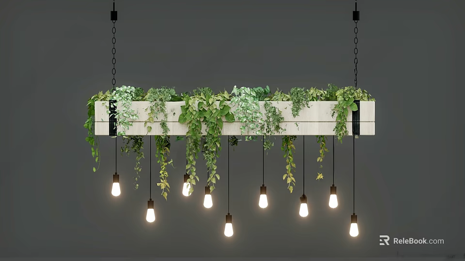 Wooden Hanging Chandelier With Trailing Green Ivy Plants And Warm Glowing Bulbs 3d model 