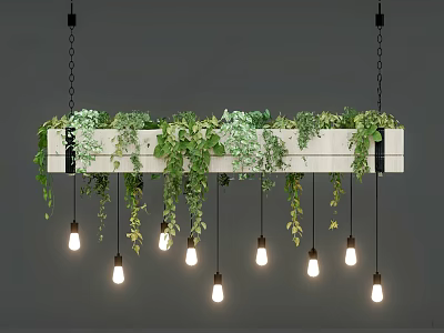 Wooden Hanging Chandelier With Trailing Green Ivy Plants And Warm Glowing Bulbs 3d model