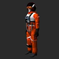 Man wearing orange astronaut suit with helmet silver gear white straps black gloves gray boots