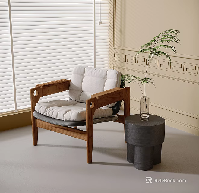 Leisure Chair With Wooden Frame Beige Cushion Side Table Green Plant Sunlit Room 3d model 