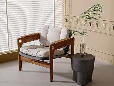 Leisure Chair With Wooden Frame Beige Cushion Side Table Green Plant Sunlit Room 3d model