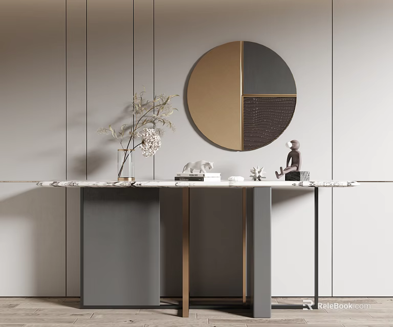 Minimalist Entryway Console Table With Round Mirror And Decorative Ornaments 3d model
