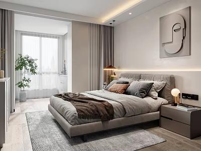 Modern Bedroom Interior with Gray Bed Brown Blanket Pillows and Abstract Wall Art 3d model