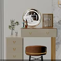 Elegant Vanity Table with Round Mirror Gold Drawers Decorative Pendant Lights and Brown Stool