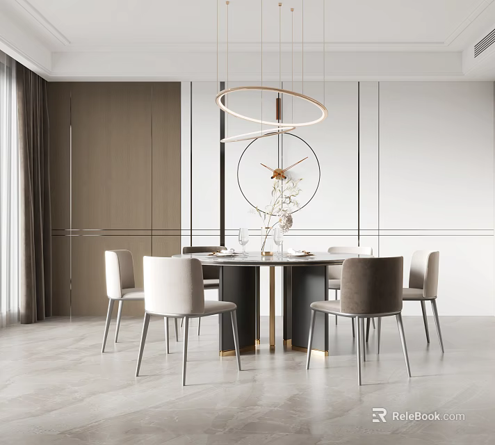 Modern Restaurant Interior With Round Dining Table Light Gray Chairs And Circular Pendant Lights 3d model