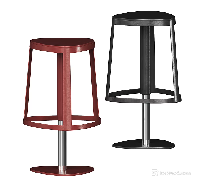 Modern Red and Black Bar Stools with Wooden Frames and Metal Bases 3d model 