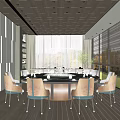 Modern Elegant Private Dining Room With Round Table Comfortable Chairs And Large Windows