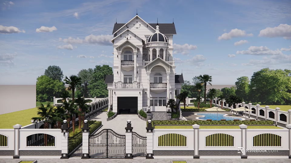European Style Detached Villa With White Exterior Black Roof Grand Gate And Swimming Pool 3d model 