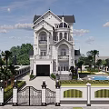 European Style Detached Villa With White Exterior Black Roof Grand Gate And Swimming Pool